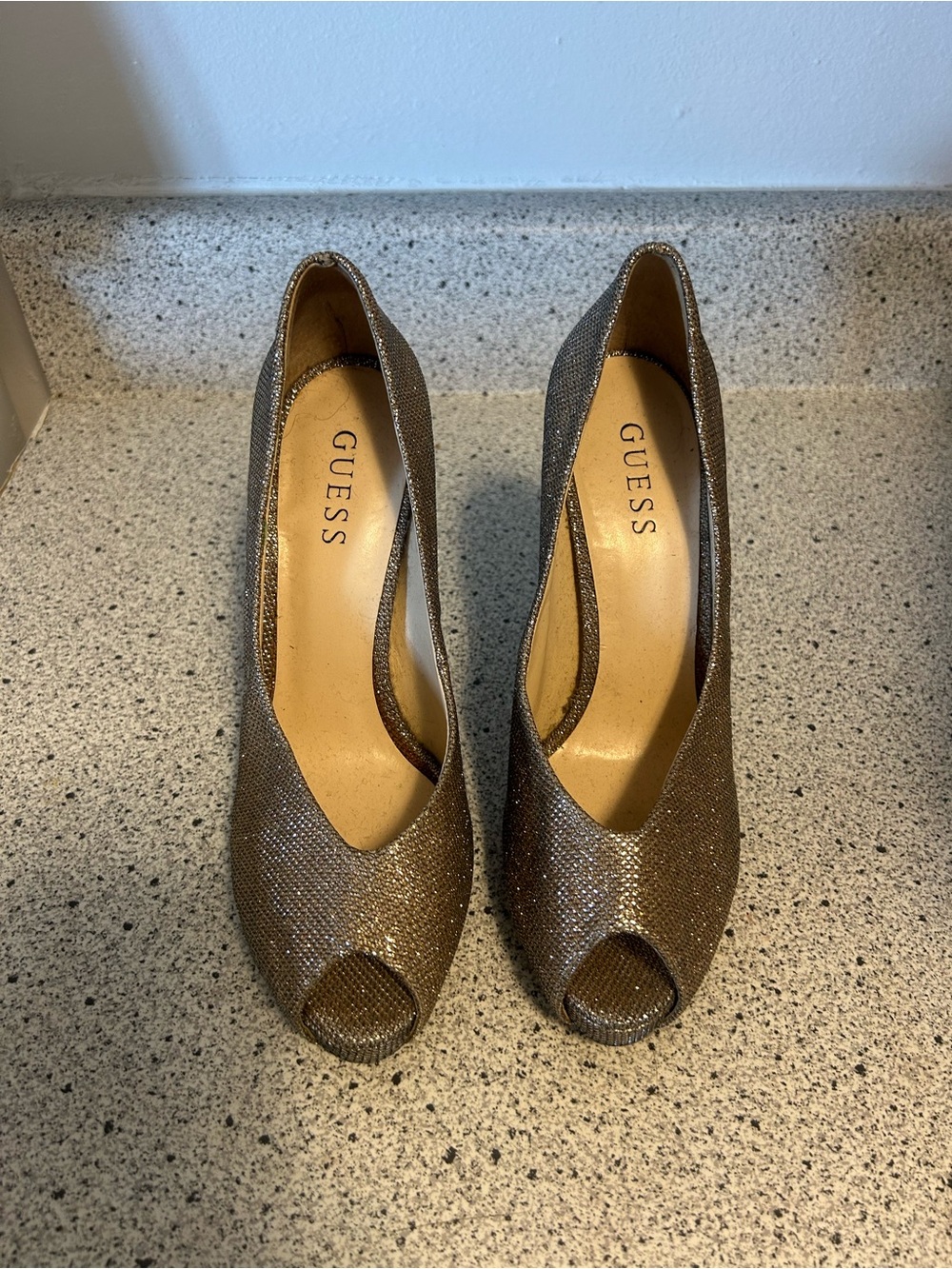 GUESS Metallic Gold Peep-Toe Pumps